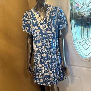 Umgee Blue and White Floral Print Midi Dress